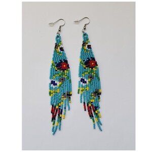 Handcrafted Beaded Dangle Earrings Boho Floral Beaded Fringe Cottage core